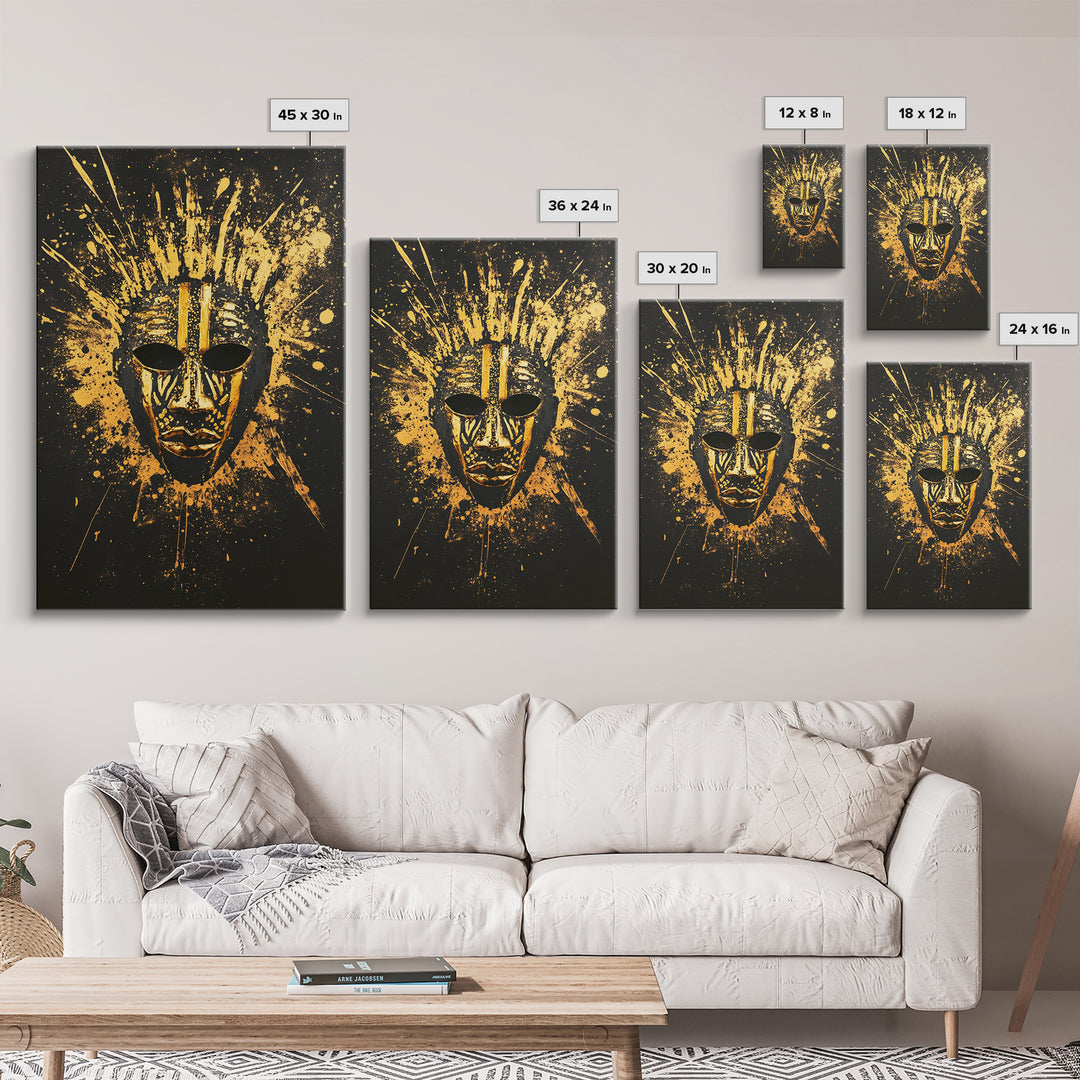 Sacred Tribal Mask Gold Canvas Print, Modern Ethnic Face Art, Spiritual Wall Decor, Real Wood Frame