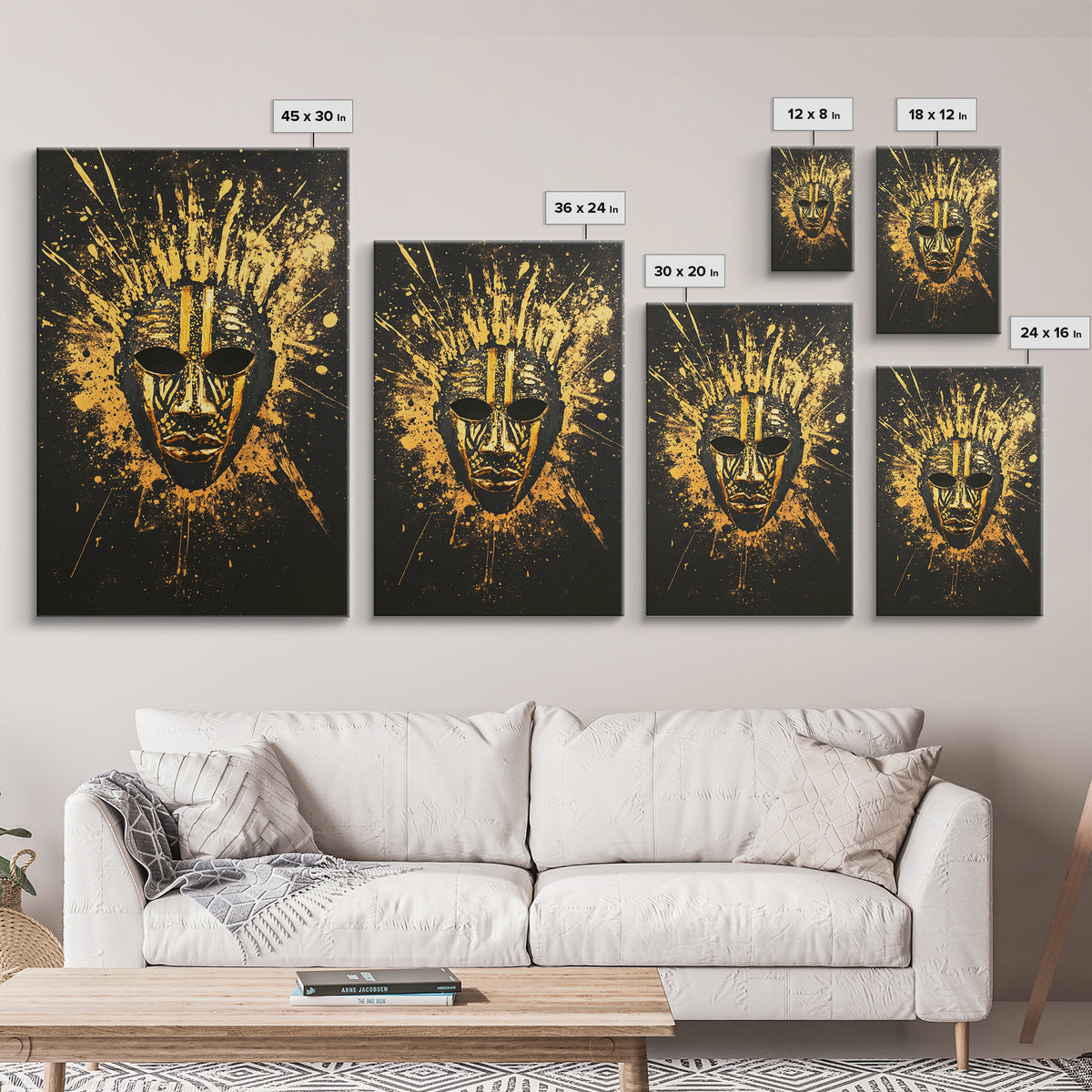 Sacred Tribal Mask Gold Canvas Print, Modern Ethnic Face Art, Spiritual Wall Decor, Real Wood Frame