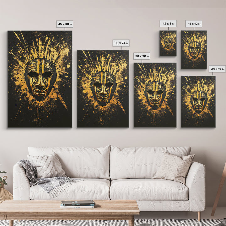 Sacred Tribal Mask Gold Canvas Print, Modern Ethnic Face Art, Spiritual Wall Decor, Real Wood Frame