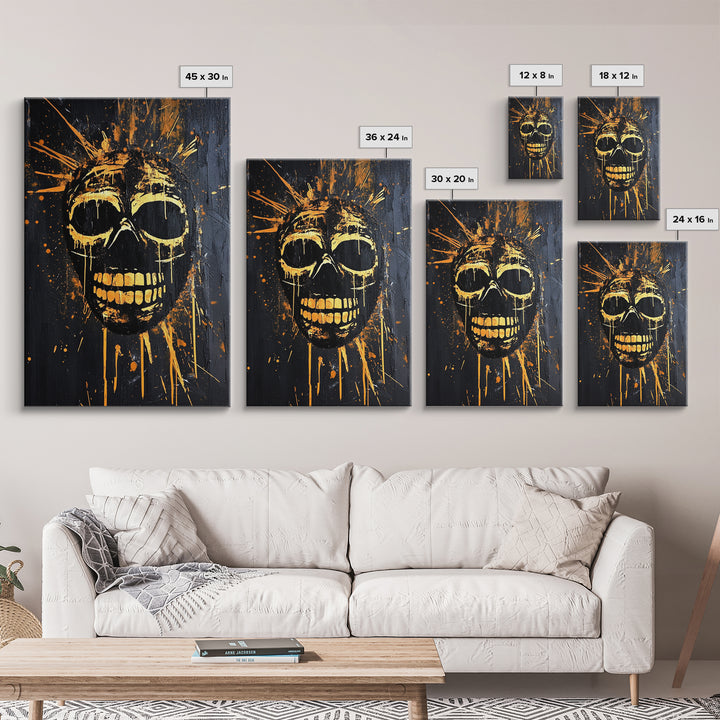 Golden Skull Mask Gold Canvas Print, Dark Gothic Face Art, Horror Splatter Wall Decor, Real Wood Frame