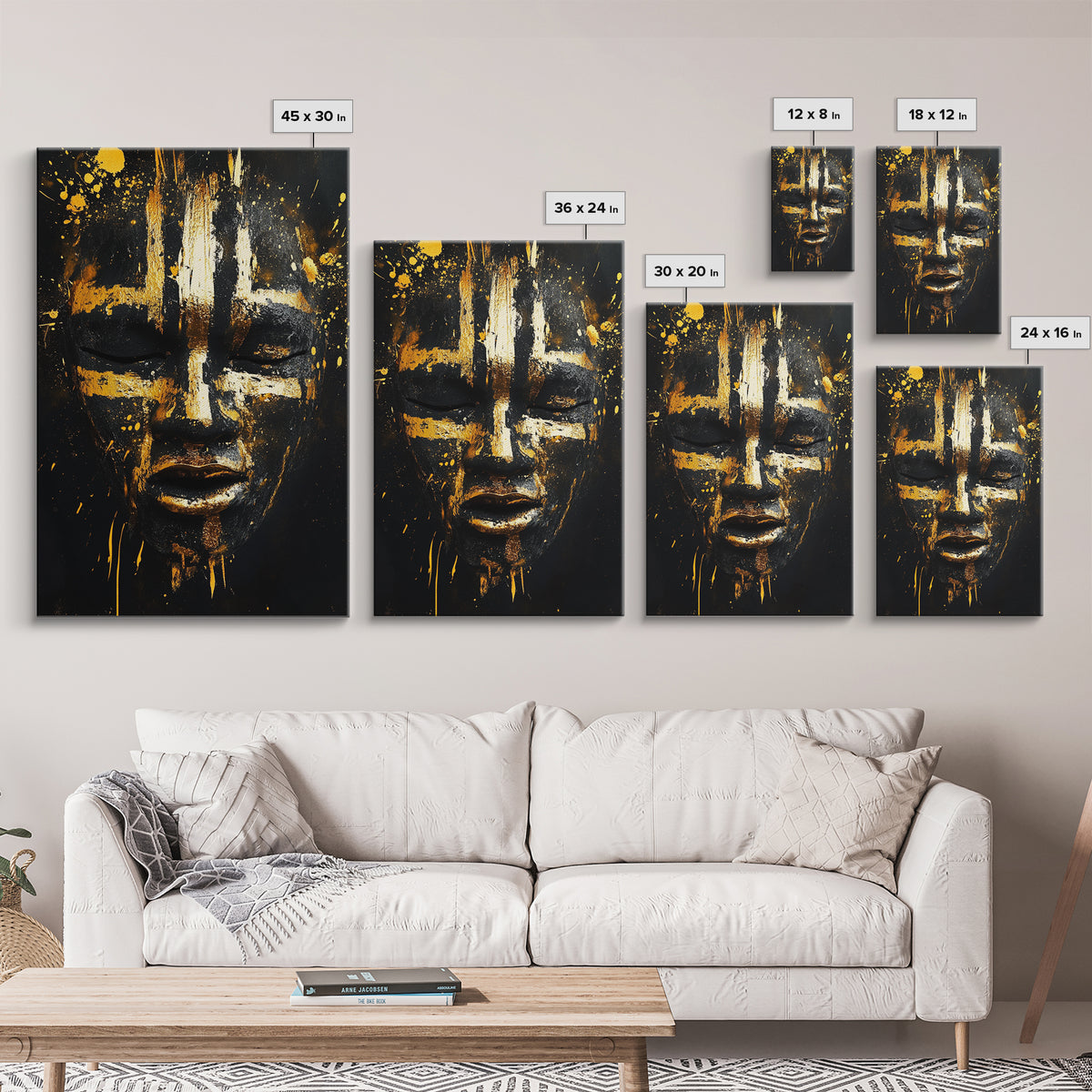 Abstract Painted Mask Gold Canvas Print, Tribal Face Art, Bold Modern Wall Decor, Real Wood Frame