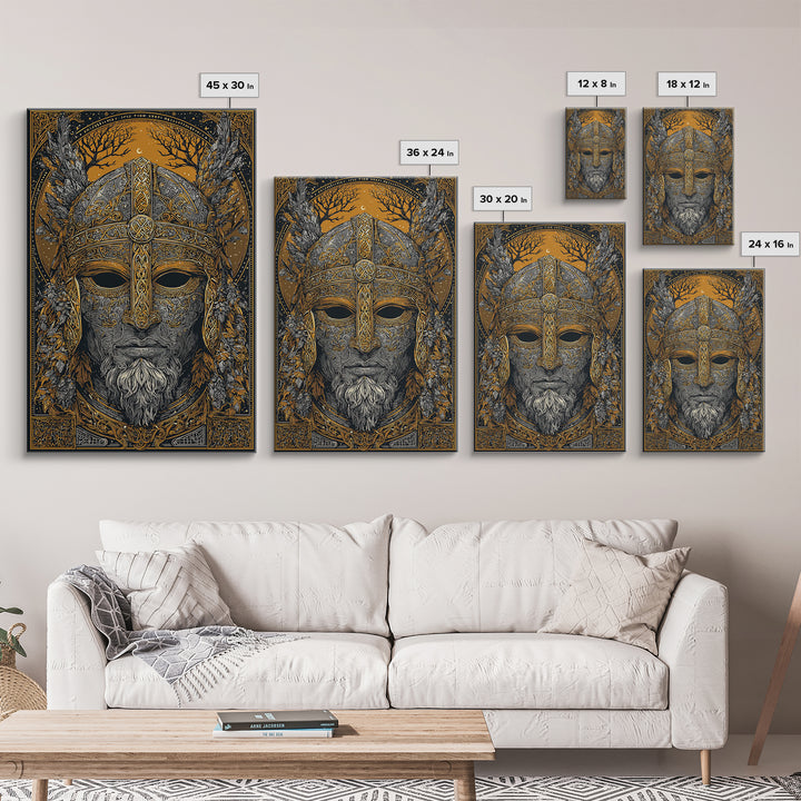 Viking Warrior Mask Gold Canvas Print, Norse Mythology Face Art, Ornate Medieval Wall Decor, Real Wood Frame