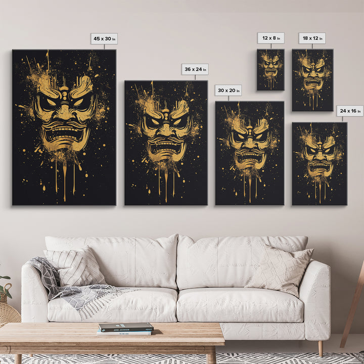 Samurai Oni Mask Gold Canvas Print, Japanese Demon Face Art, Splatter Ink Wall Decor, Real Wood Frame