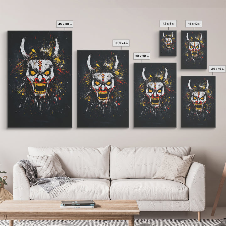 Fiery Demon Mask Gold Canvas Print, Japanese Oni Face Art, Tribal Splatter Style Wall Decor, Real Wood Frame