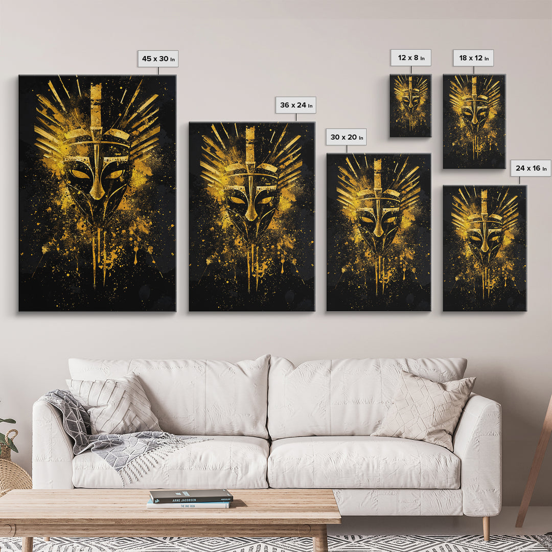Ancient Warrior Mask Gold Canvas Print, Bold Tribal Face Art, Splatter Ink Wall Decor, Real Wood Frame