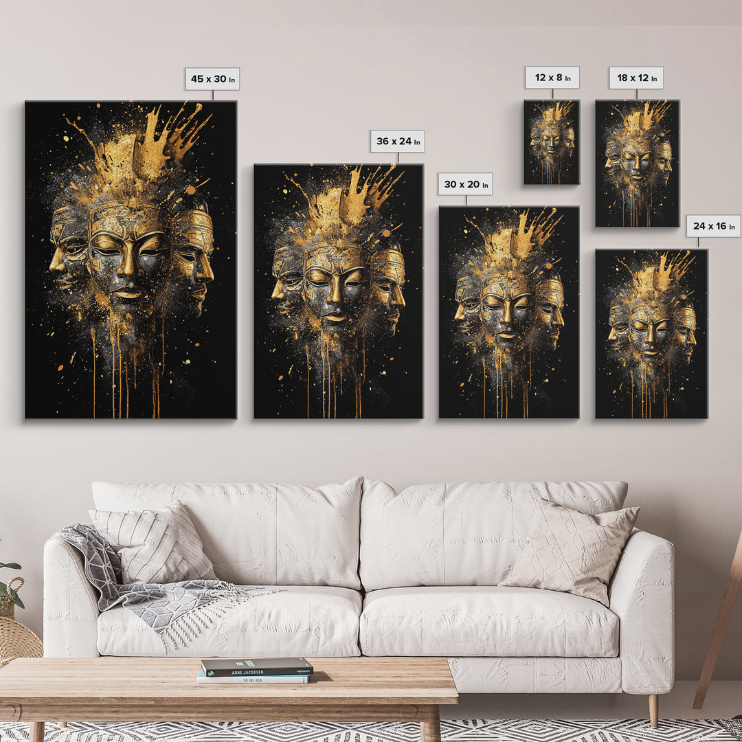 Three Faces Mask Gold Canvas Print, Abstract Spiritual Face Art, Splatter Style Wall Decor, Real Wood Frame