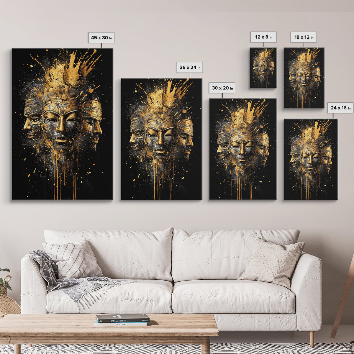 Three Faces Mask Gold Canvas Print, Abstract Spiritual Face Art, Splatter Style Wall Decor, Real Wood Frame