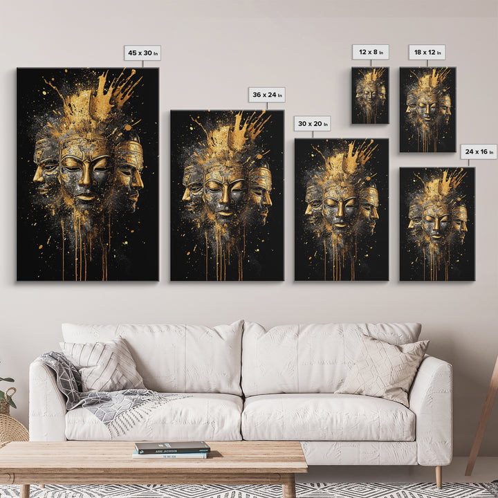 Three Faces Mask Gold Canvas Print, Abstract Spiritual Face Art, Splatter Style Wall Decor, Real Wood Frame