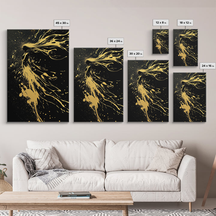 Golden Spirit Woman Gold Canvas Art, Flowing Abstract Female Silhouette, Modern Splatter Wall Decor, Real Wood Frame