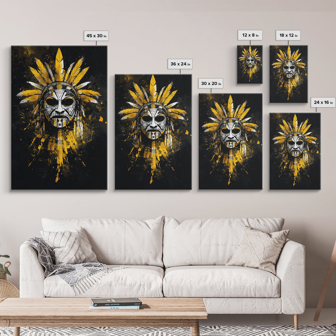Aztec Skull Mask Gold Canvas Print, Ancient Tribal Face Art, Bold Splatter Style Wall Decor, Real Wood Frame