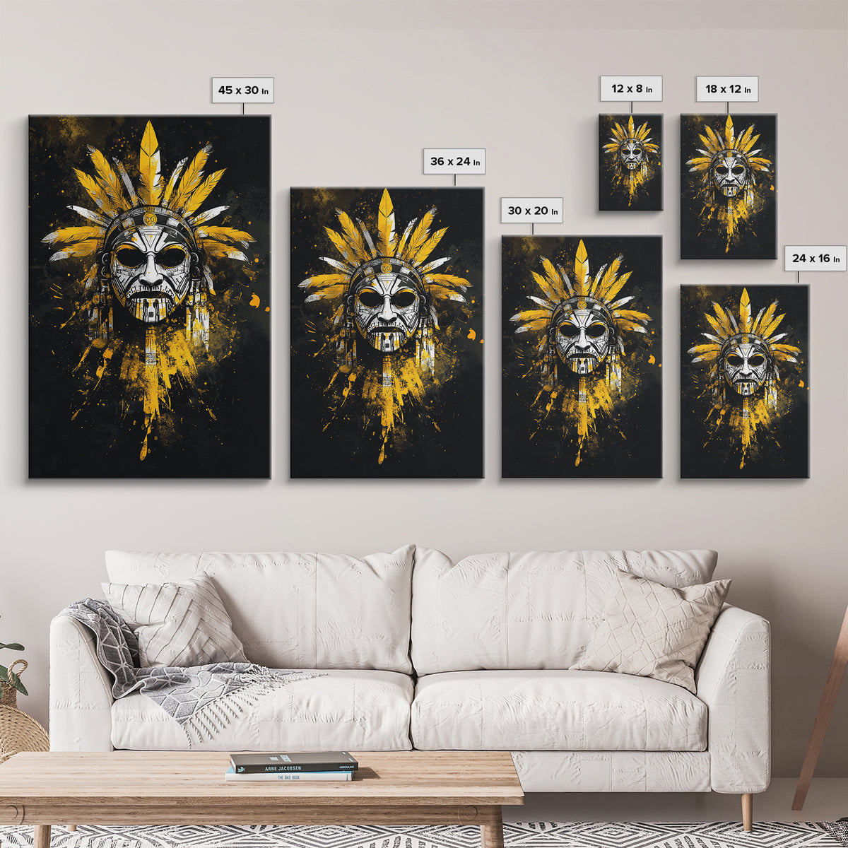 Aztec Skull Mask Gold Canvas Print, Ancient Tribal Face Art, Bold Splatter Style Wall Decor, Real Wood Frame