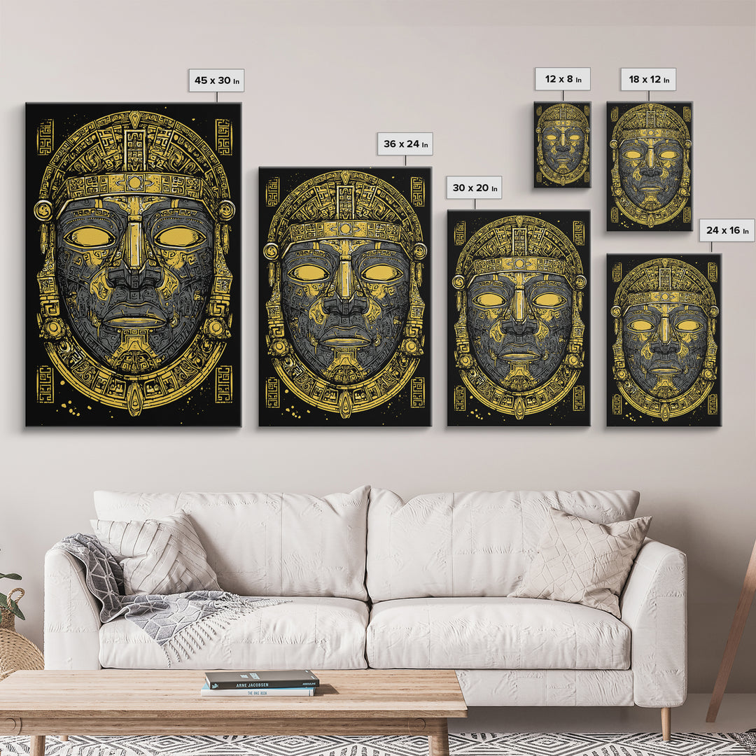 Aztec Warrior Sun Mask Gold Canvas Print, Ornate Tribal Face Artwork, Ancient Ethnic Wall Decor, Real Wood Frame