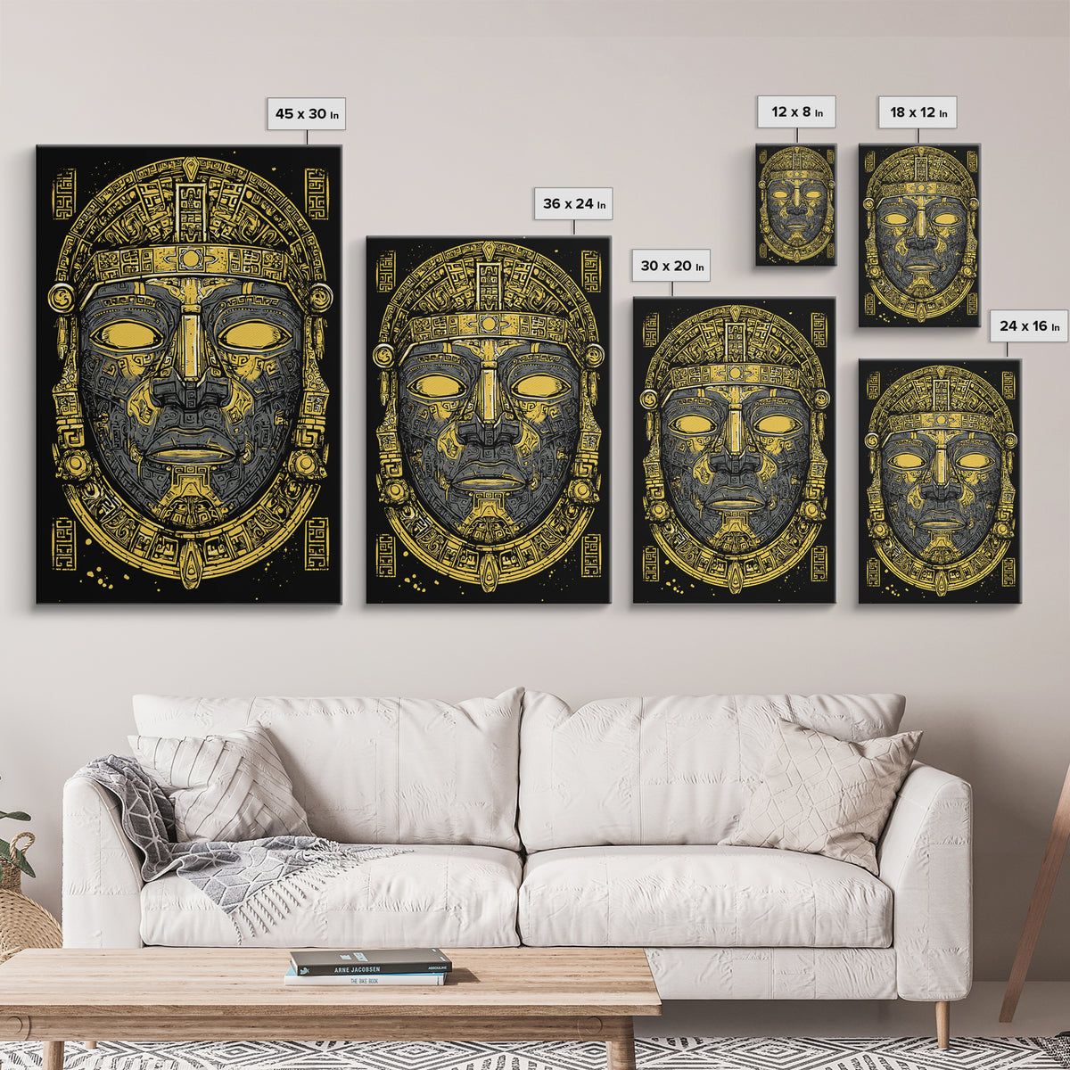Aztec Warrior Sun Mask Gold Canvas Print, Ornate Tribal Face Artwork, Ancient Ethnic Wall Decor, Real Wood Frame