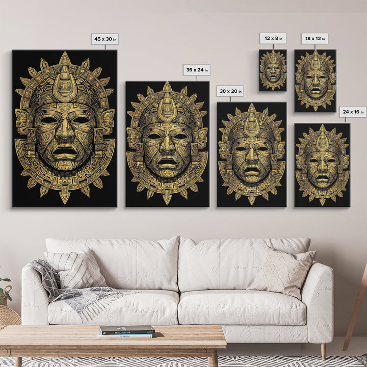 Aztec Deity Mask Gold Canvas Print, Ornate Tribal Face Artwork, Ancient Cultural Wall Hanging, Real Wood Frame