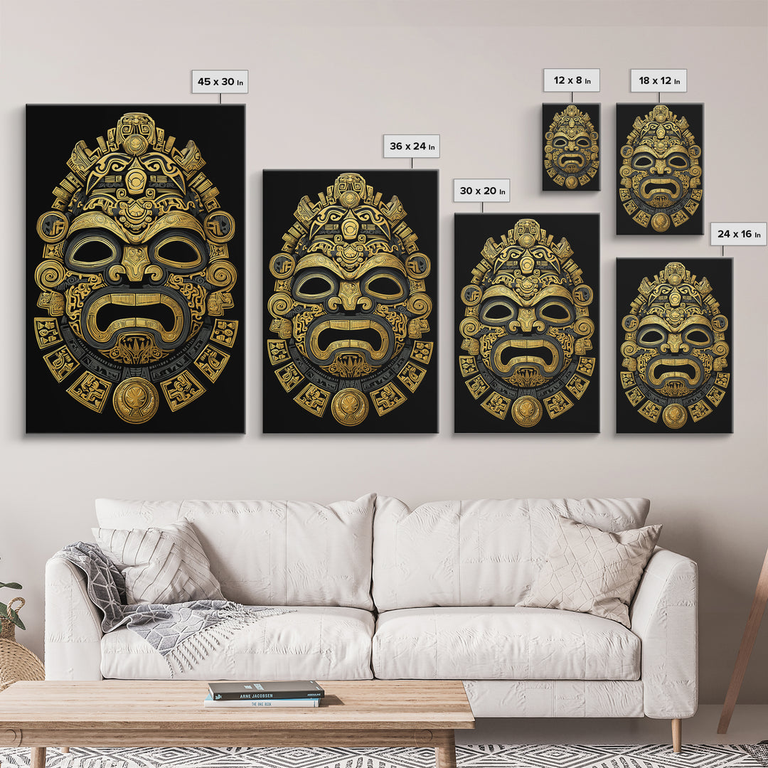 Aztec Feathered God Mask Gold Canvas Print, Ornate Tribal Face Artwork, Ancient Ethnic Wall Decor, Real Wood Frame