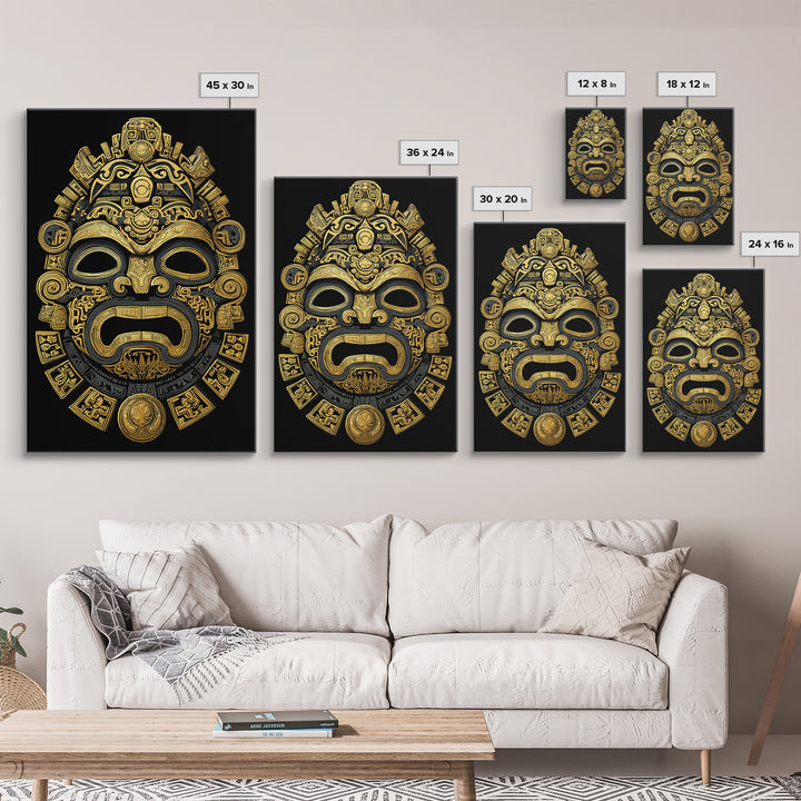 Aztec Feathered God Mask Gold Canvas Print, Ornate Tribal Face Artwork, Ancient Ethnic Wall Decor, Real Wood Frame