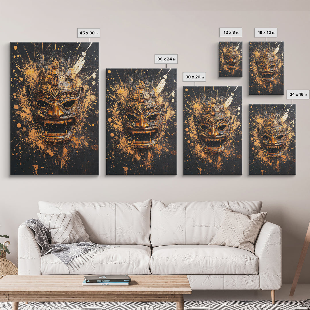Balinese Demon Mask Gold Canvas Print, Ornate Tribal Face Art, Mythical Splatter Style Wall Decor, Real Wood Frame