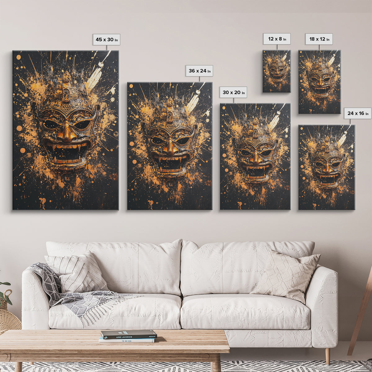 Balinese Demon Mask Gold Canvas Print, Ornate Tribal Face Art, Mythical Splatter Style Wall Decor, Real Wood Frame