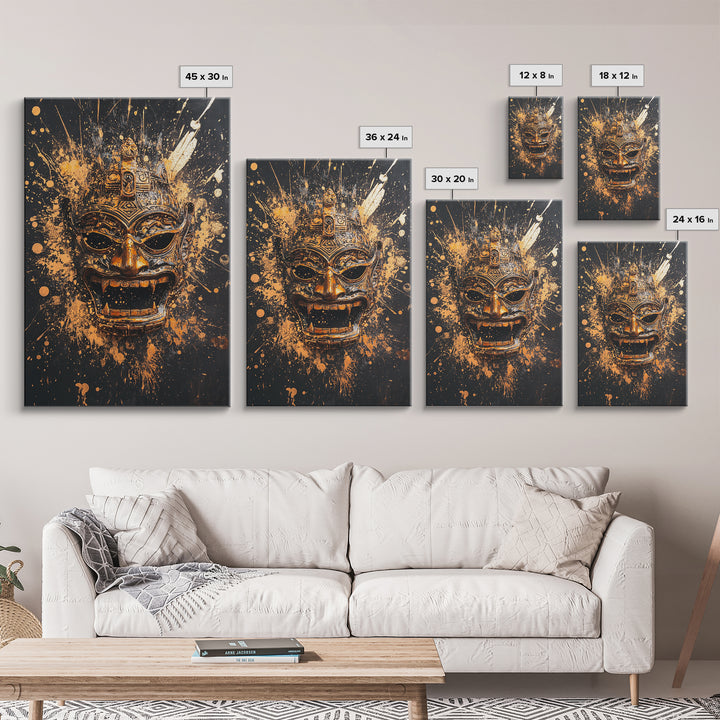 Balinese Demon Mask Gold Canvas Print, Ornate Tribal Face Art, Mythical Splatter Style Wall Decor, Real Wood Frame