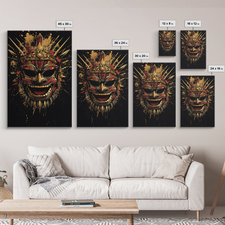 Balinese Guardian Mask Gold Canvas Print, Ornate Tribal Face Artwork, Cultural Ethnic Wall Decor, Real Wood Frame