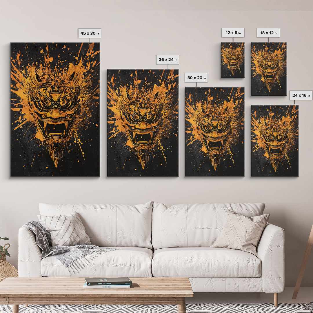 Balinese Spirit Mask Gold Canvas Print, Ornate Tribal Face Artwork, Cultural Mythic Wall Decor, Real Wood Frame