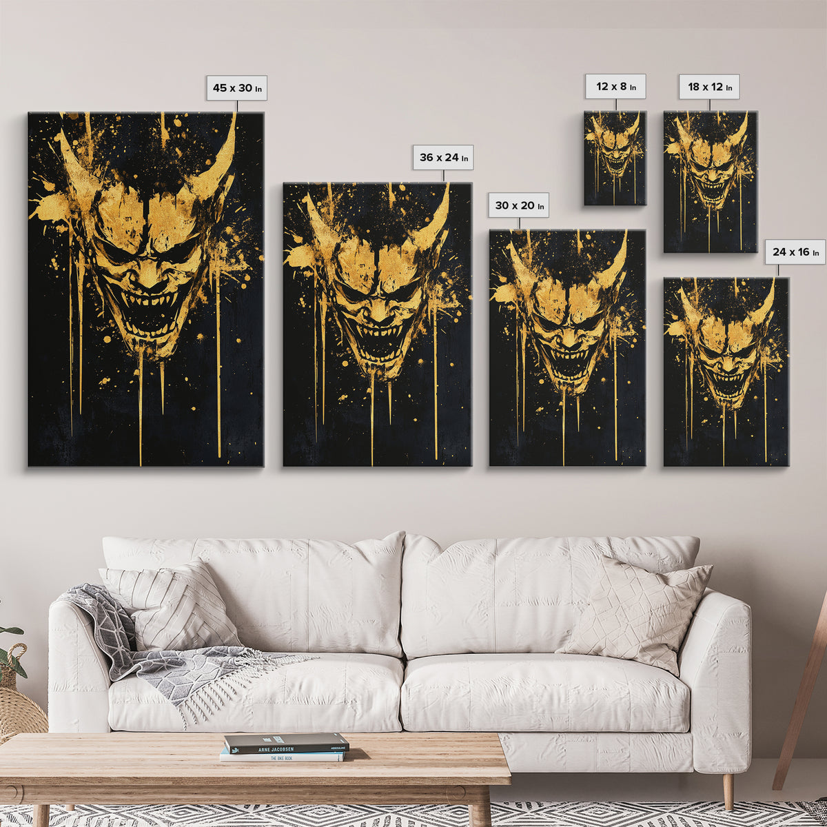 Demonic Splatter Mask Gold Canvas Print, Fierce Abstract Face Art, Bold Horror Inspired Wall Decor, Real Wood Frame
