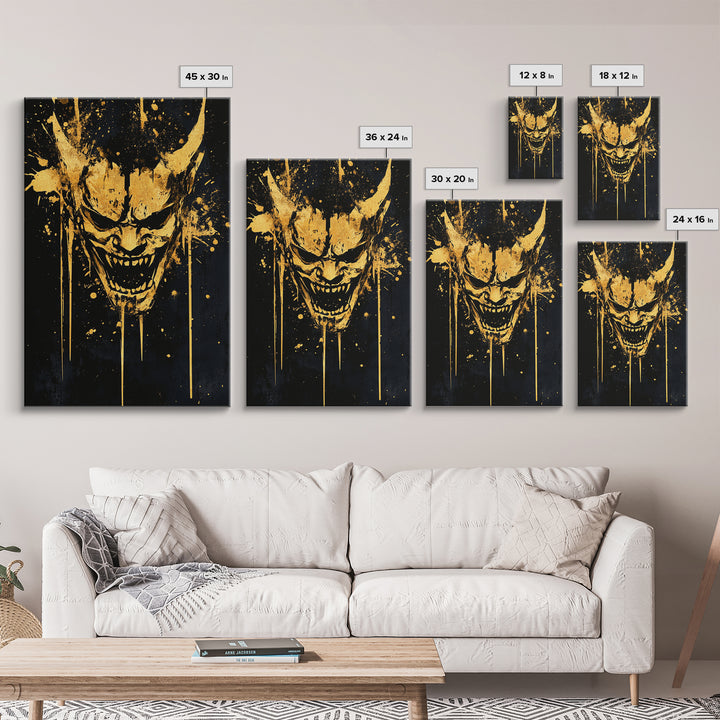 Demonic Splatter Mask Gold Canvas Print, Fierce Abstract Face Art, Bold Horror Inspired Wall Decor, Real Wood Frame