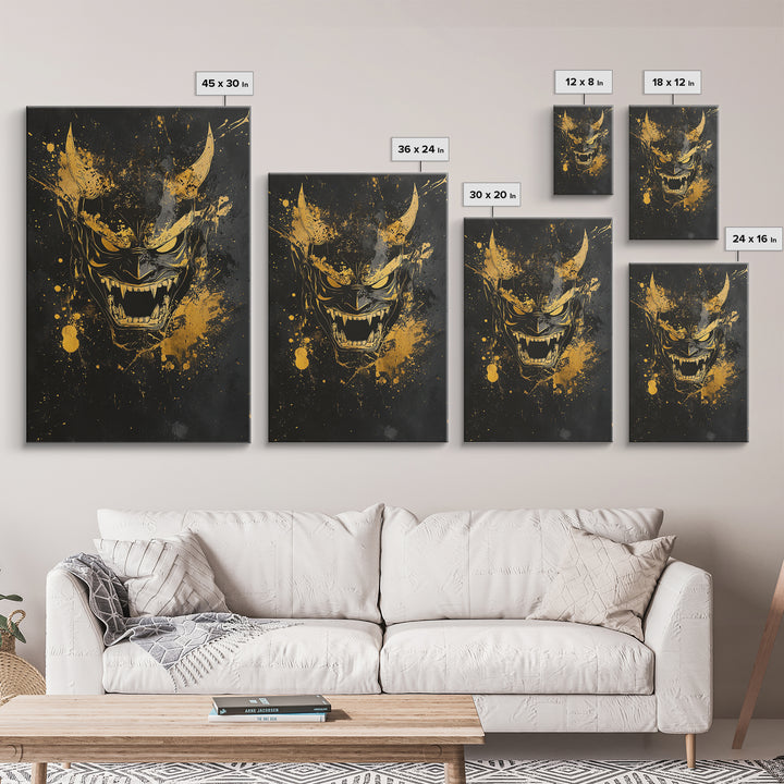 Oni Demon Mask Gold Canvas Print, Japanese Inspired Splatter Artwork, Fierce Mythical Wall Decor, Real Wood Frame