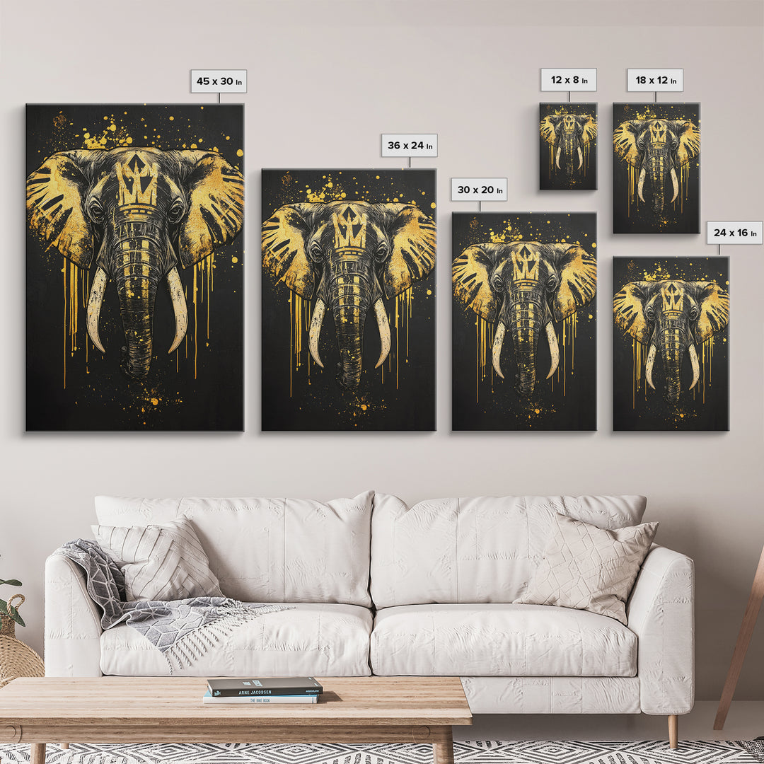 Royal Elephant Gold Canvas Print, Splatter Style Tribal Artwork, Majestic Animal Wall Decor, Real Wood Frame