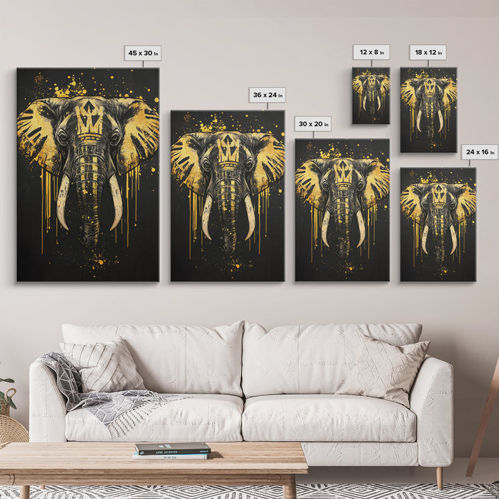 Royal Elephant Gold Canvas Print, Splatter Style Tribal Artwork, Majestic Animal Wall Decor, Real Wood Frame