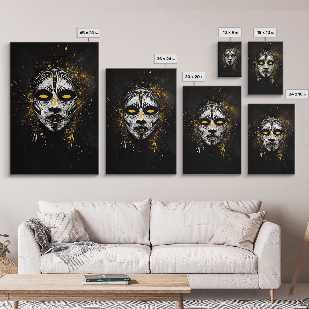 Tribal Painted Mask Gold Canvas Print, Ethnic Face Artwork, Bold Splatter Ink Wall Hanging Decor, Real Wood Frame