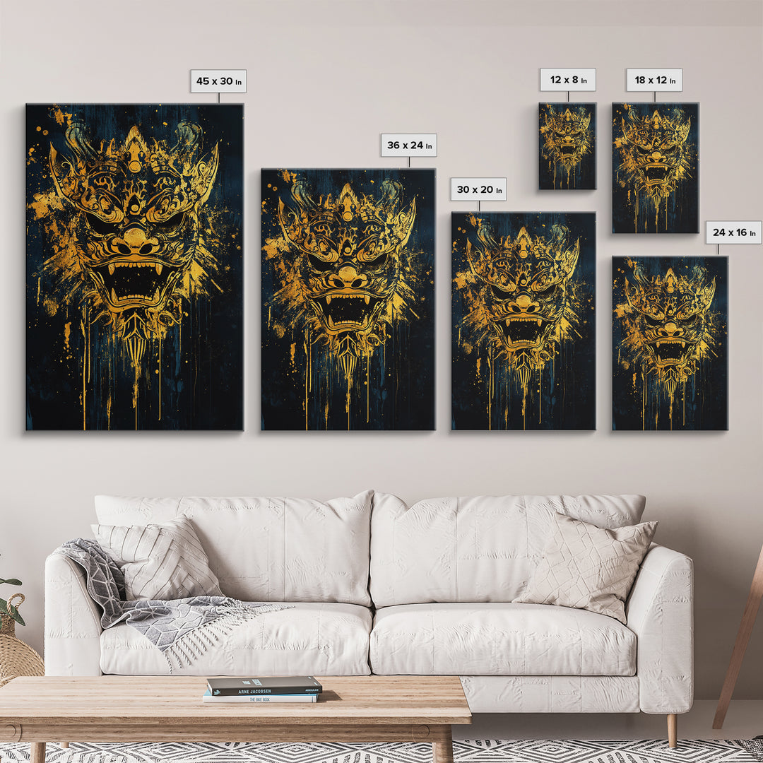 Balinese Barong Mask Gold Canvas Print, Ornate Spiritual Face Artwork, Mythic Cultural Wall Decor, Real Wood Frame