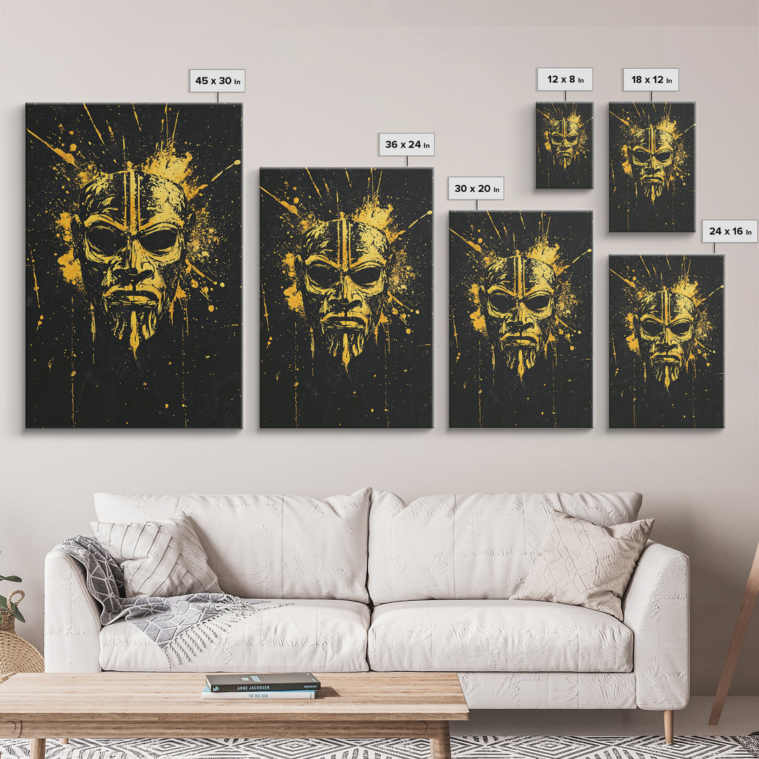 Batak Tribal Mask Gold Canvas Print, Ornate Ethnic Face Artwork, Ancient Cultural Wall Hanging Decor, Real Wood Frame