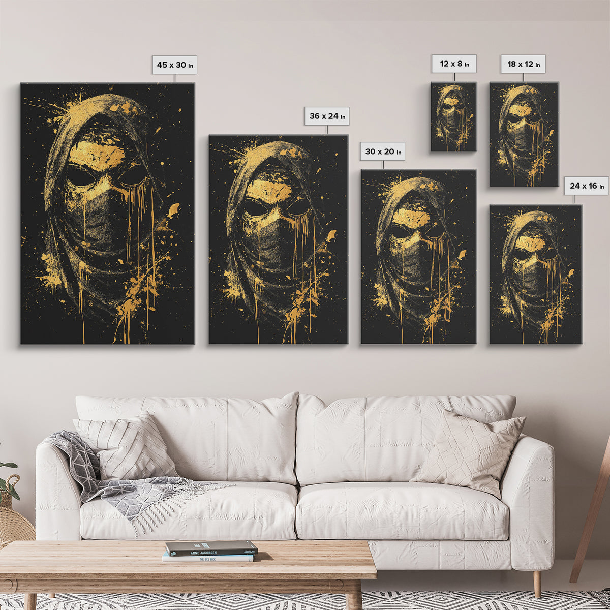 Hooded Tribal Figure Gold Canvas Print, Splatter Style Mask Art, Spiritual Warrior Artwork, Real Wood Frame Bold Wall Decor
