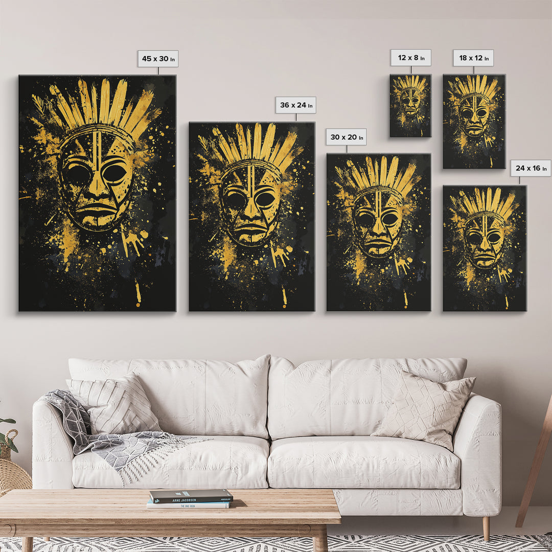 Feathered Tribal Mask Gold Canvas Print, Ancestral Face Art, Splatter Style Ethnic Wall Hanging, Real Wood Frame Artwork