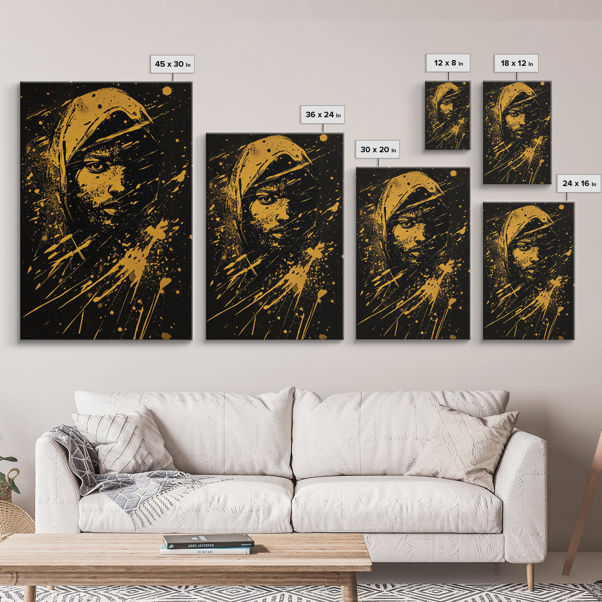 Golden Veiled Portrait Gold Canvas Print, Abstract Female Art, Splatter Style Ethereal Face Artwork, Real Wood Frame Decor