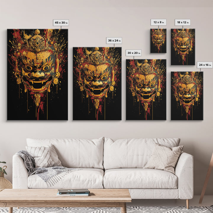 Fierce Mythic Mask Gold Canvas Print, Splatter Style Tribal Face Art, Bold Ancestral Artwork, Real Wood Frame Wall Hanging