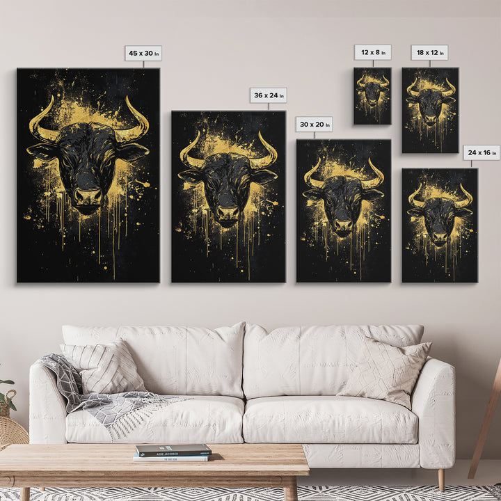 Majestic Bull Portrait Gold Canvas Print, Tribal Splatter Animal Artwork, Strong Symbolic Wall Art, Real Wood Frame Decor