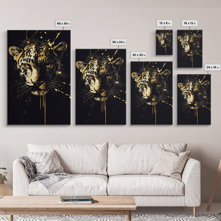 Wild Leopard Face Gold Canvas Print, Bold Animal Portrait Art, Tribal Splatter Style Wall Artwork, Real Wood Frame Home Decor