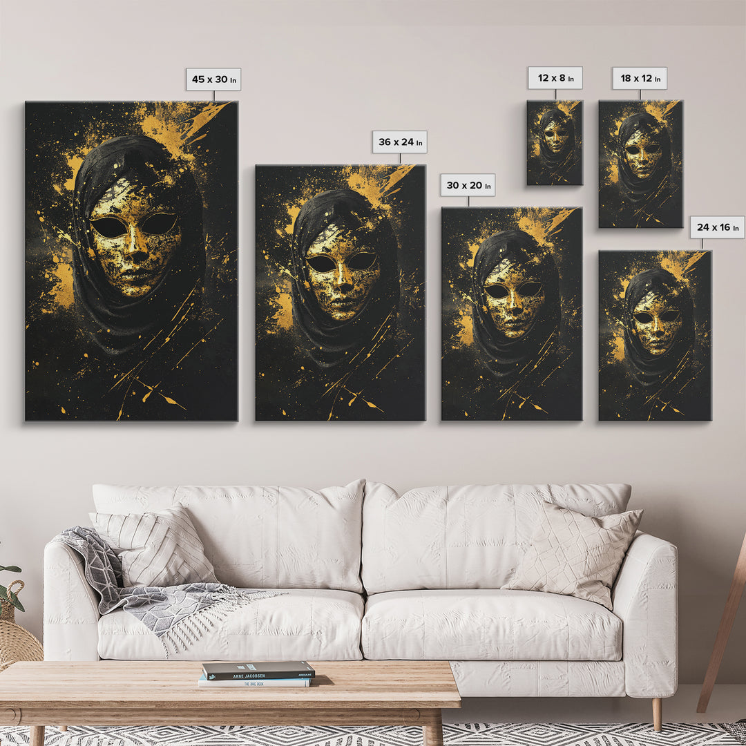 Mysterious Veiled Mask Gold Canvas Print, Splatter Style Female Portrait, Abstract Ethereal Face Artwork, Real Wood Frame Decor