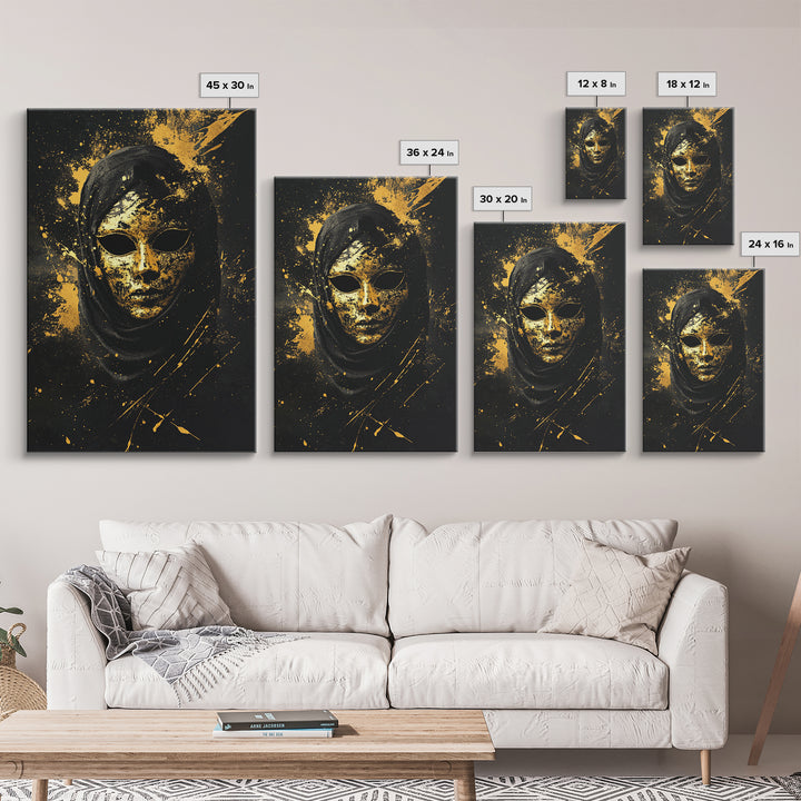 Mysterious Veiled Mask Gold Canvas Print, Splatter Style Female Portrait, Abstract Ethereal Face Artwork, Real Wood Frame Decor