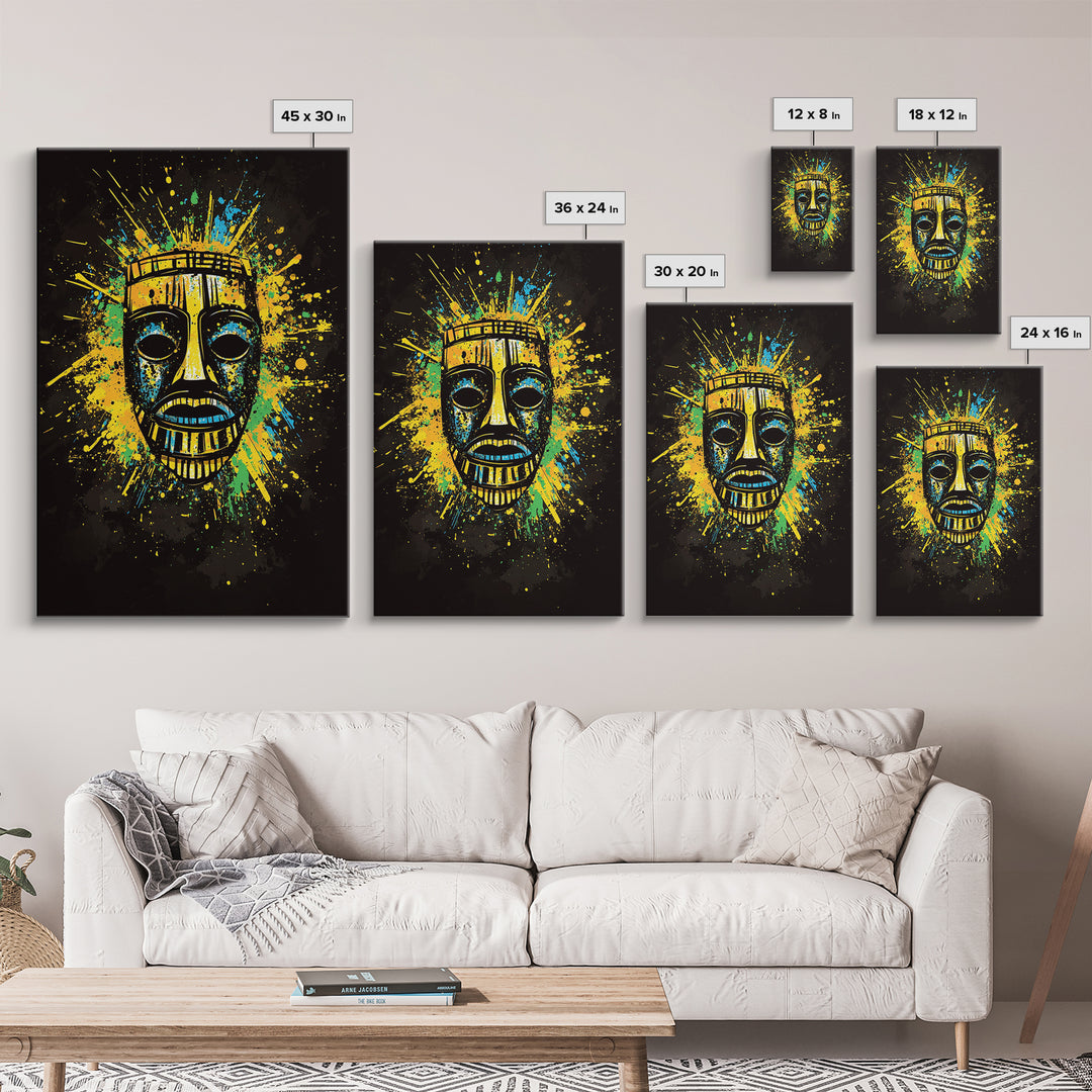 Vibrant Tribal Mask Gold Canvas Art, Ethnic Splatter Style Face Print, Colorful Abstract Wall Decor, Real Wood Frame