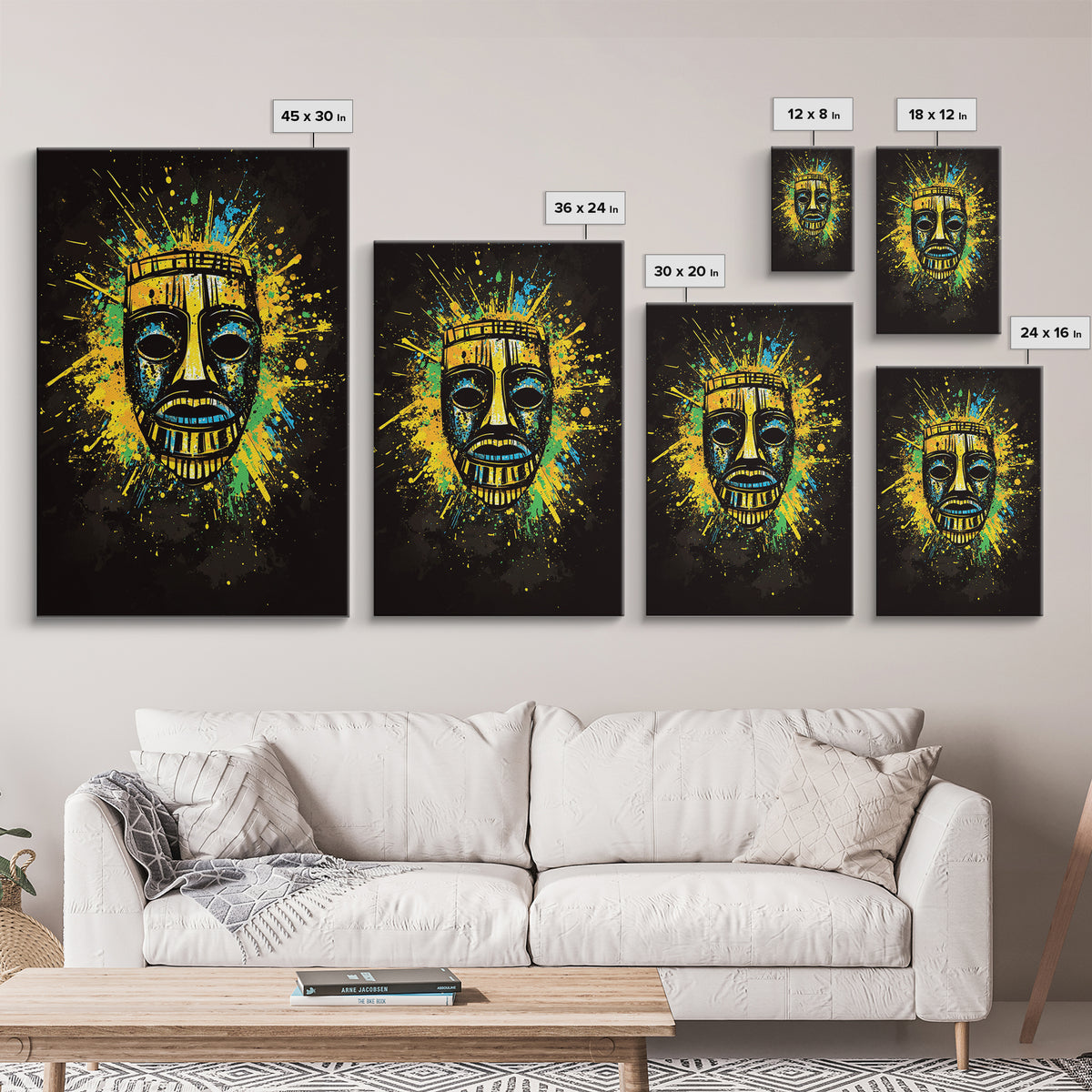 Vibrant Tribal Mask Gold Canvas Art, Ethnic Splatter Style Face Print, Colorful Abstract Wall Decor, Real Wood Frame