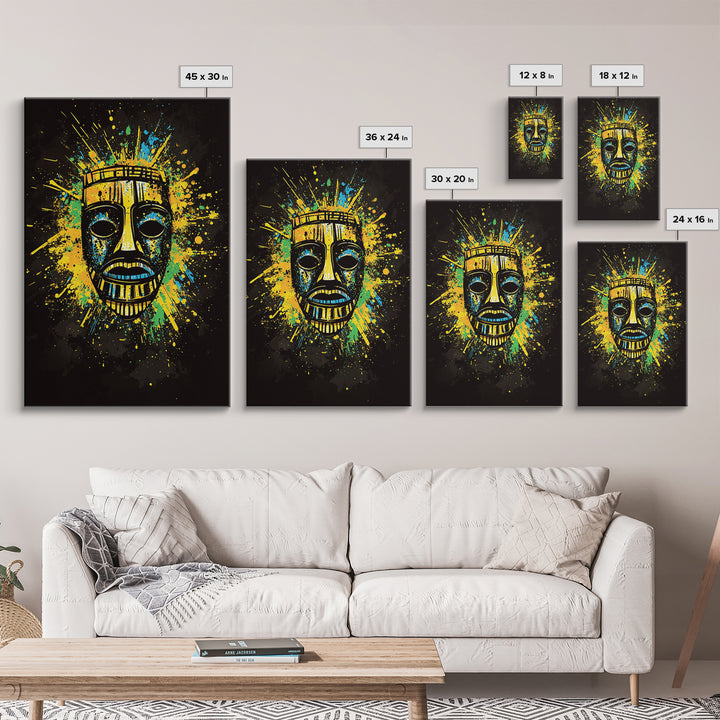 Vibrant Tribal Mask Gold Canvas Art, Ethnic Splatter Style Face Print, Colorful Abstract Wall Decor, Real Wood Frame
