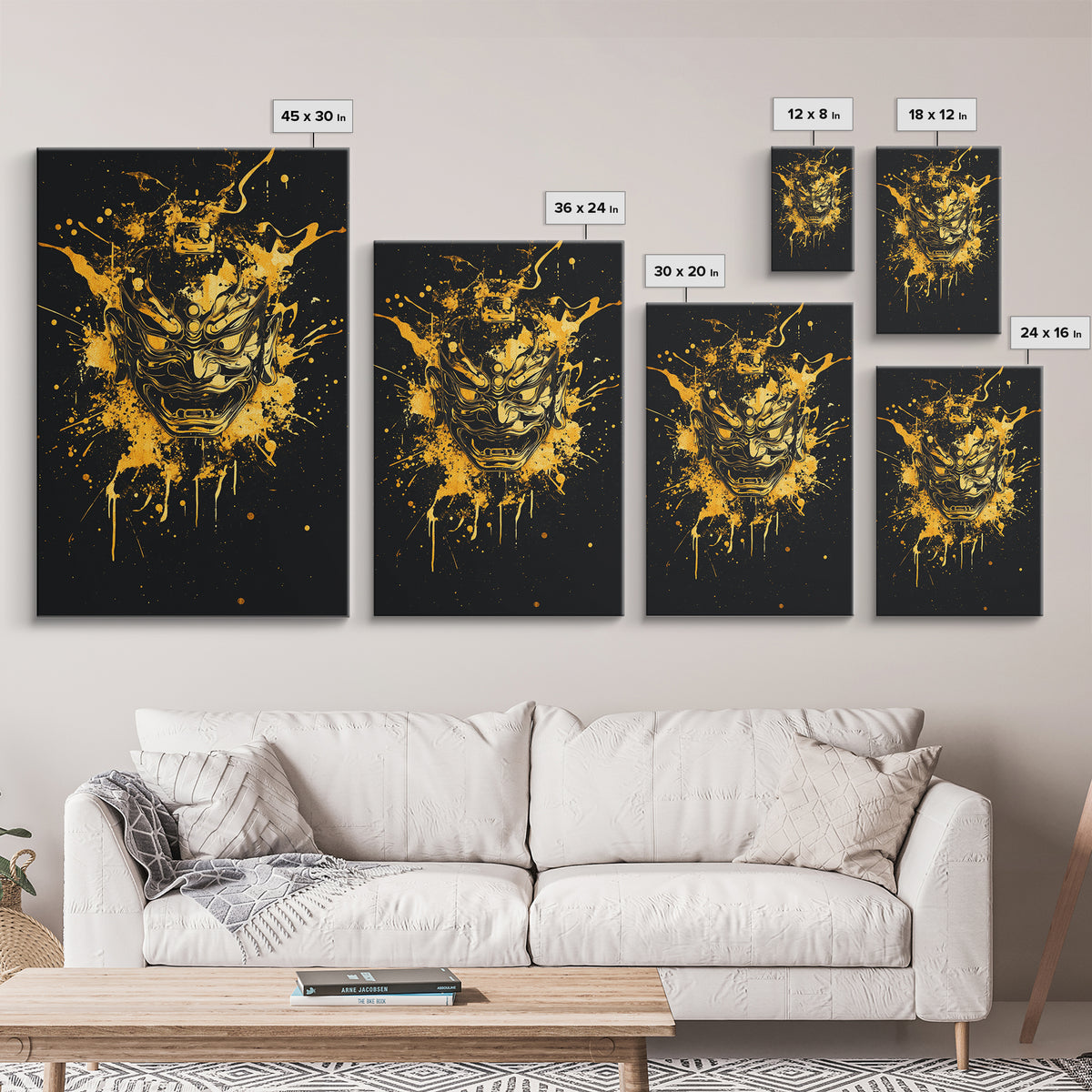 Oni Demon Mask Gold Canvas Print, Japanese Mythology Inspired Art, Splatter Style Wall Decor, Real Wood Frame