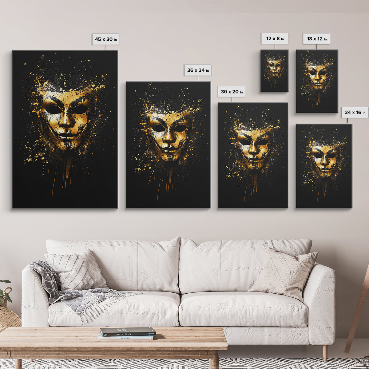 Abstract Painted Mask Gold Canvas Print, Modern Face Art, Bold Splatter Style Wall Decoration, Real Wood Frame