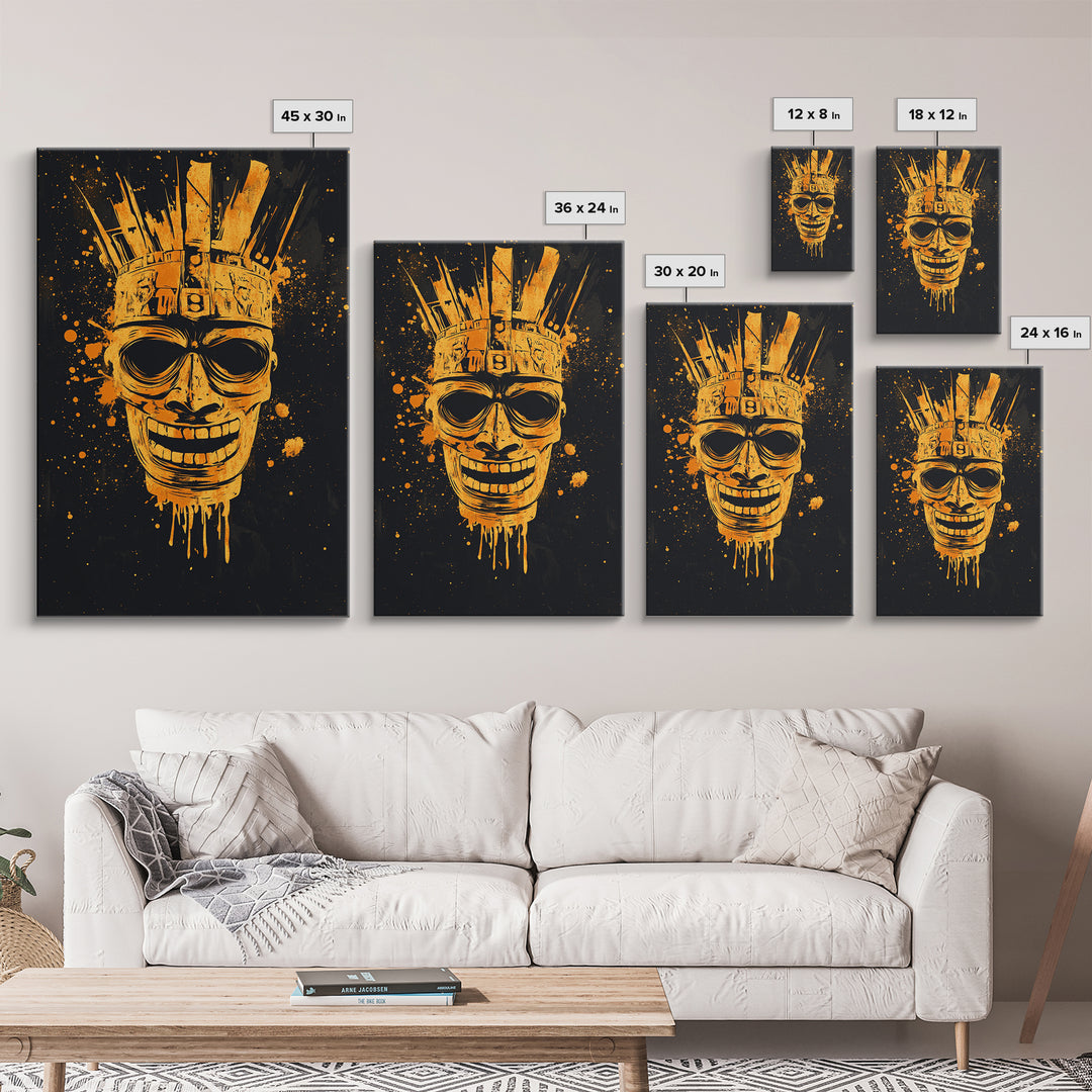 Ancient Warrior Mask Gold Canvas Print, Tribal Armor Inspired Face Art, Bold Splatter Wall Decor, Real Wood Frame