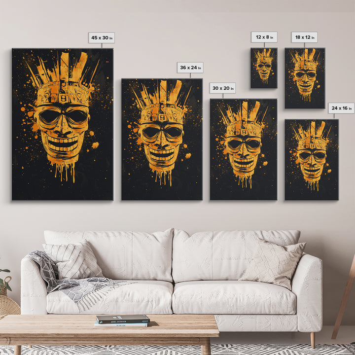 Ancient Warrior Mask Gold Canvas Print, Tribal Armor Inspired Face Art, Bold Splatter Wall Decor, Real Wood Frame