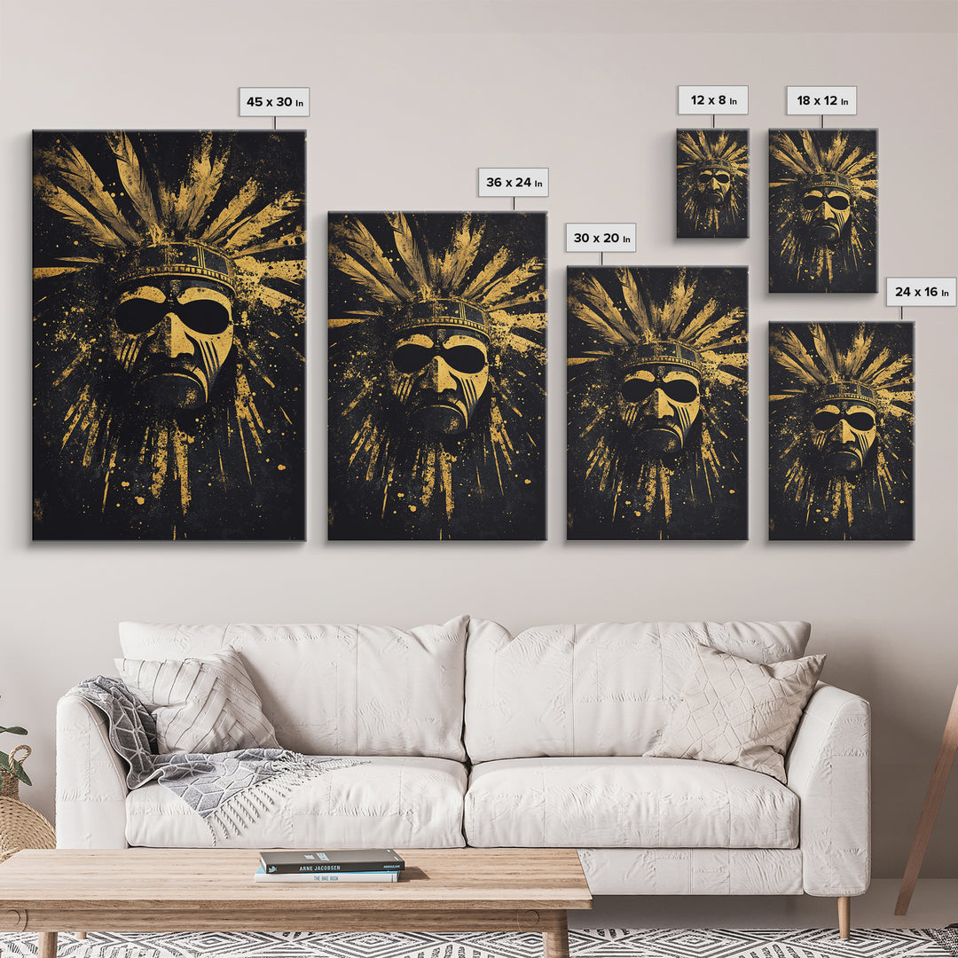 Aztec Sun Mask Gold Canvas Print, Tribal Inspired Ancient Face Art, Splatter Style Wall Decor, Real Wood Frame