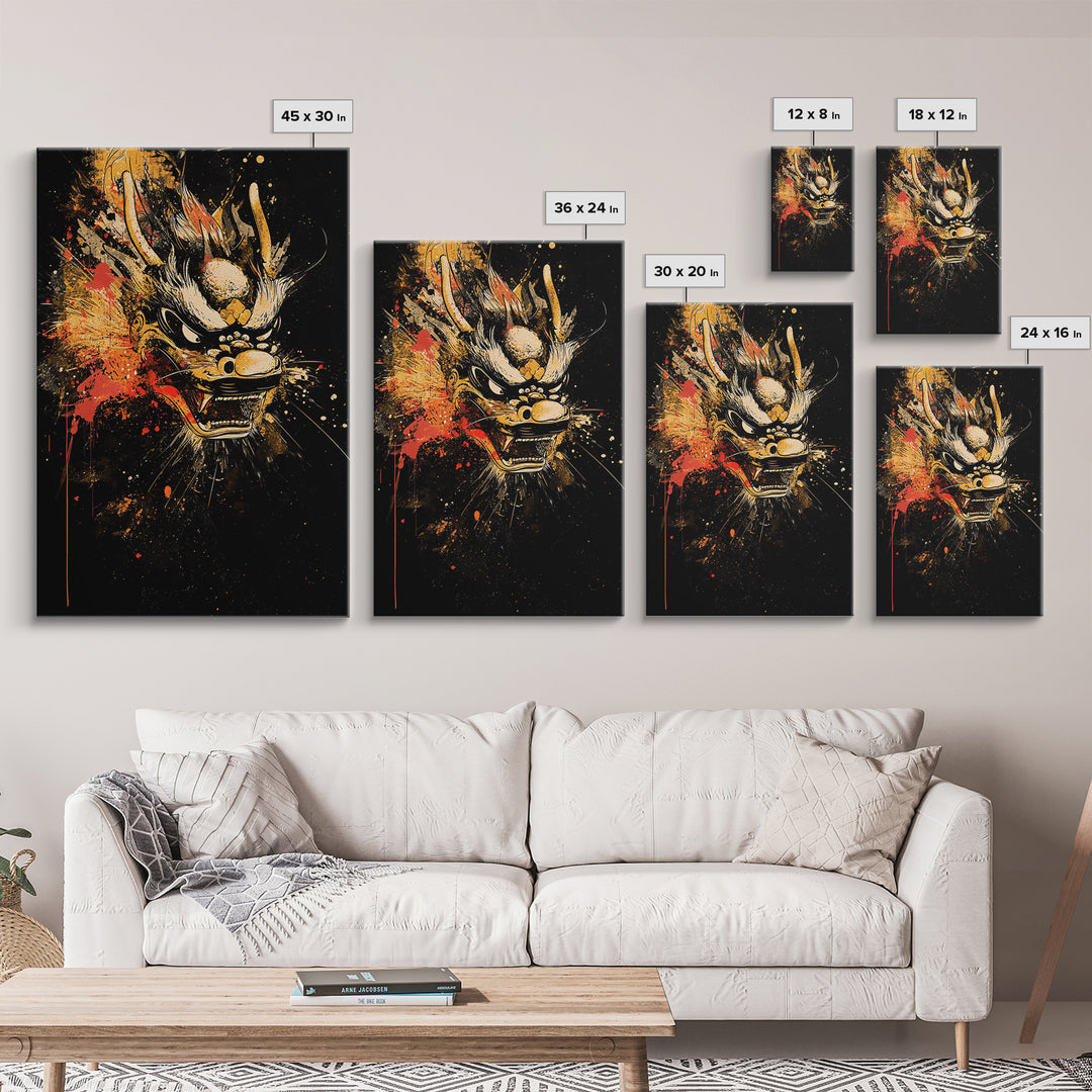 Native Headdress Mask Gold Canvas Art, Tribal Inspired Splatter Face Print, Bold Ethnic Wall Decor, Real Wood Frame